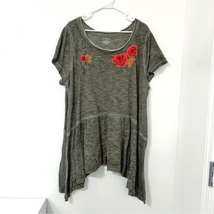 Lane Bryant Olive Green Top with Embroidered Floral Desgin